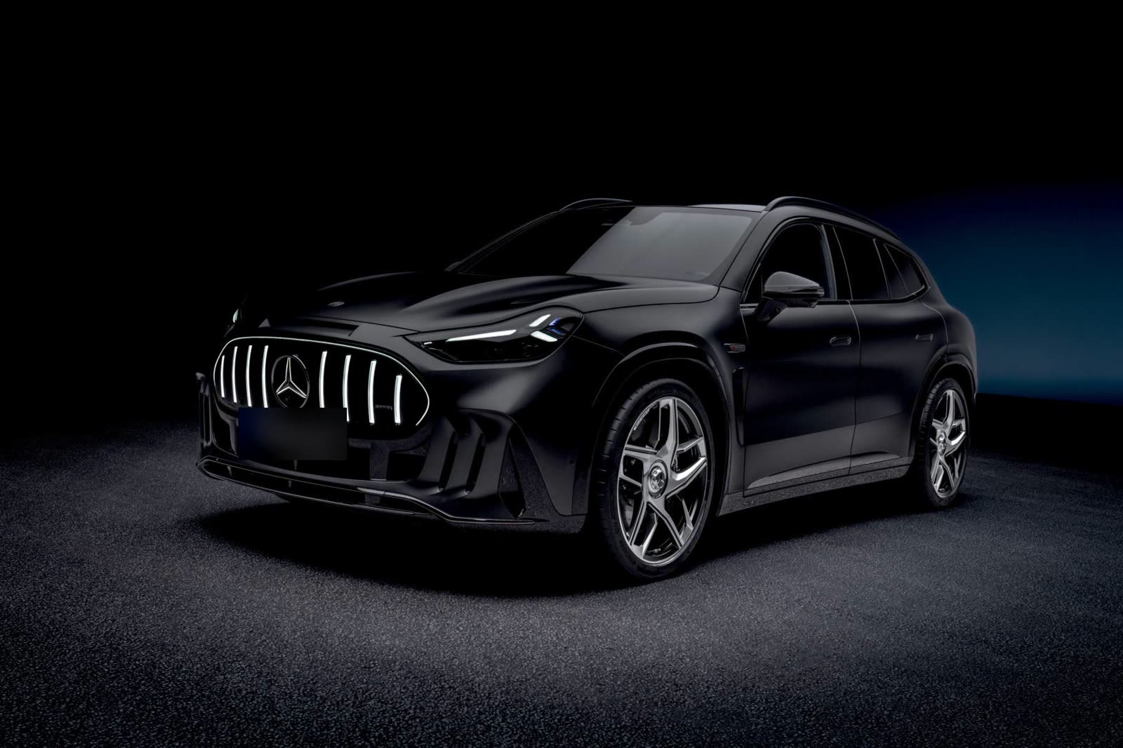 Mercedes-AMG GT SUV elétrico preto, visto de frente, num estúdio escuro