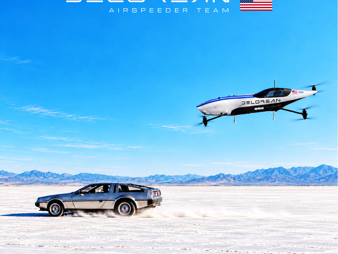 Aeronave do DeLorean Airspeeder Team voando sobre um DeLorean DMC-12 num deserto de sal